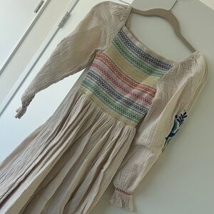 Mini Boden Bohemian Long Sleeve Dress with rainbow embroidery